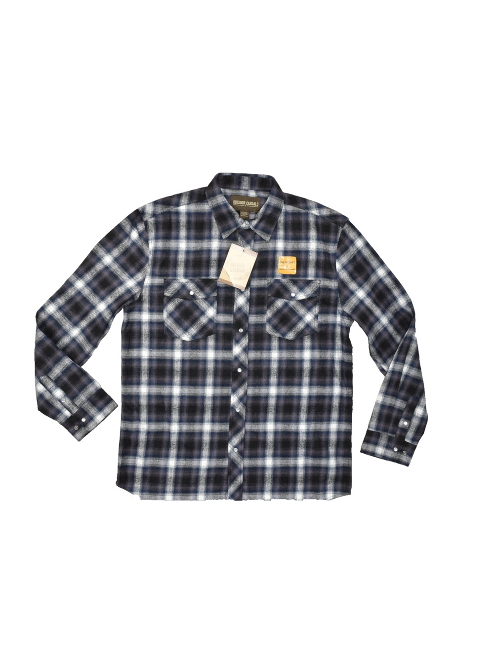 Outdoor Casuals Men Blue Plaid Flannel Snap Shirt Regular Size L Pre-Washed NEW